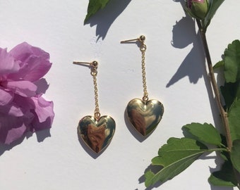 The LOVER Earrings- 24k gold plated heart locket charms 18k gold plated chain 16k gold plated hooks