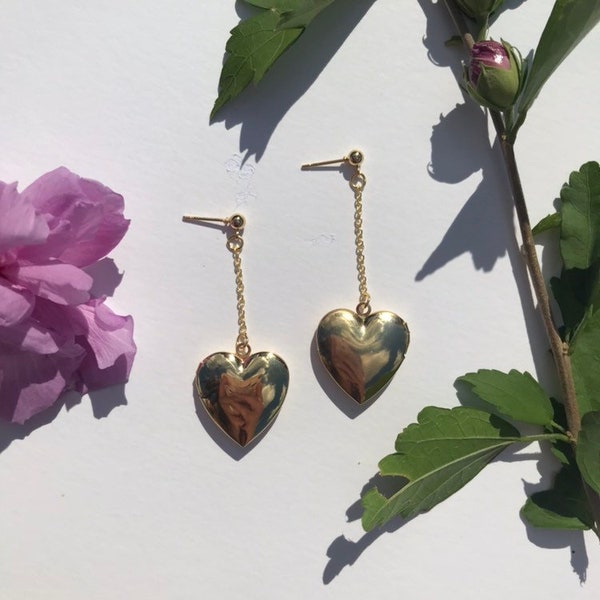 The LOVER Earrings- 24k gold plated heart locket charms 18k gold plated chain 16k gold plated hooks