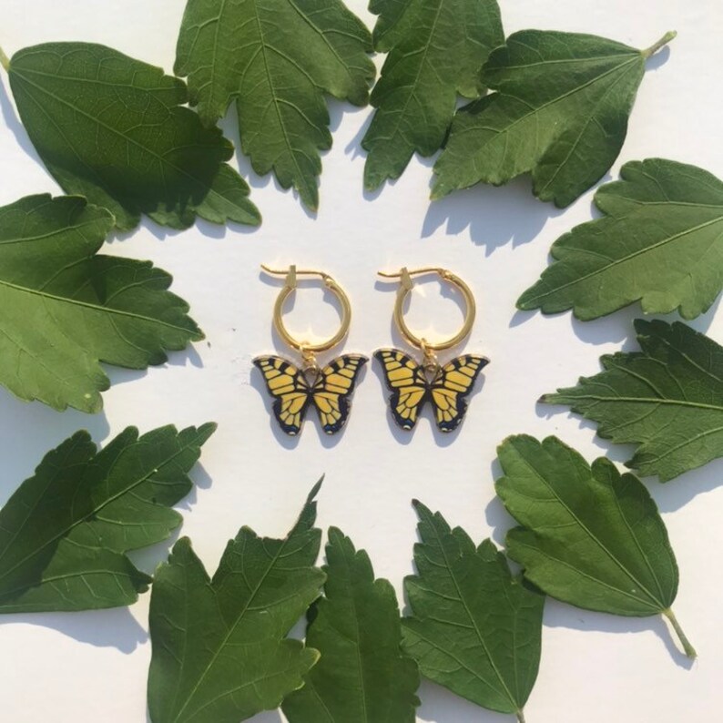 The Swallowtail Butterfly Earrings 24k gold filled or 14k gold plated 12mm hoop earrings yellow and black gold butterfly charm image 3