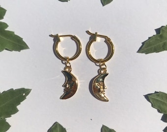 The Moonlight Earrings - 24k gold filled or 14k gold plated 12mm hoop earrings with 24k gold plated moon charm