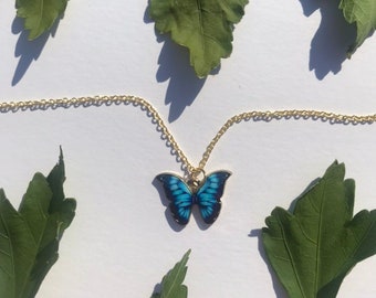 The Morpho Butterfly Necklace- blue and black gold butterfly charm 18k gold plated chain