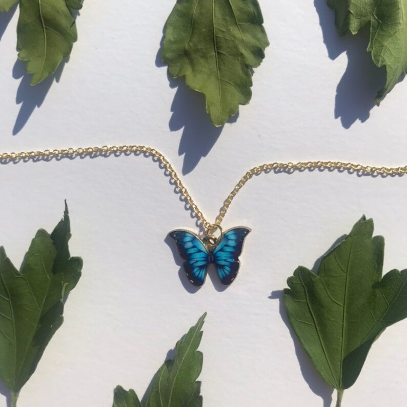 The Morpho Butterfly Necklace blue and black gold butterfly charm 18k gold plated chain image 1