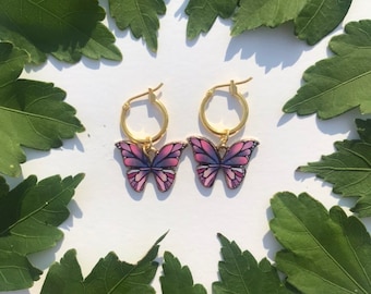 The Purple Emperor Butterfly Earrings - 24k gold filled or 14k gold plated 12mm hoop earrings purple gold butterfly charm