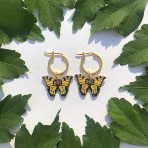 The Swallowtail Butterfly Earrings 24k gold filled or 14k gold plated 12mm hoop earrings yellow and black gold butterfly charm image 1