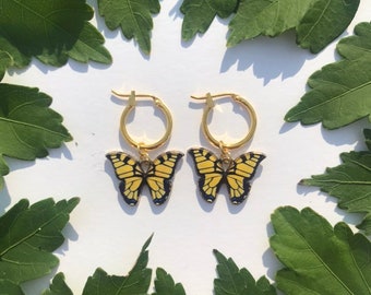 The Swallowtail Butterfly Earrings - 24k gold filled or 14k gold plated 12mm hoop earrings yellow and black gold butterfly charm