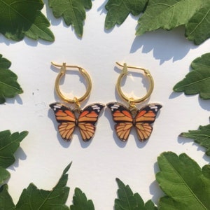 The Monarch Butterfly Earrings 24k gold filled or 14k gold plated 12mm hoop earrings orange and black gold butterfly charm image 2