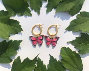 The Unicorn Butterfly Earrings - 24k gold filled or 14k gold plated 12mm hoop earrings pink and black gold butterfly charm