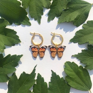 The Monarch Butterfly Earrings 24k gold filled or 14k gold plated 12mm hoop earrings orange and black gold butterfly charm image 1