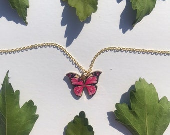 The Unicorn Butterfly Necklace- pink and black gold butterfly charm 18k gold plated chain