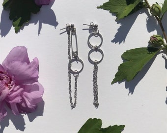 The SAFETY Earrings - asymmetrical safety pin, hoop, ring, and chain earrings