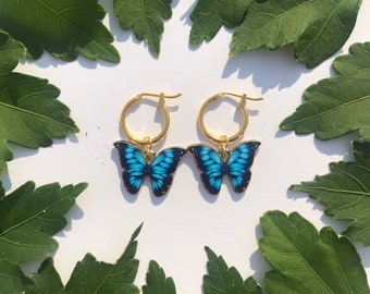 The Ulysses Butterfly Earrings - 24k gold filled or 14k gold plated 12mm hoop earrings blue and black gold butterfly charm