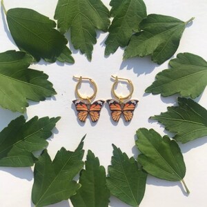 The Monarch Butterfly Earrings 24k gold filled or 14k gold plated 12mm hoop earrings orange and black gold butterfly charm image 3