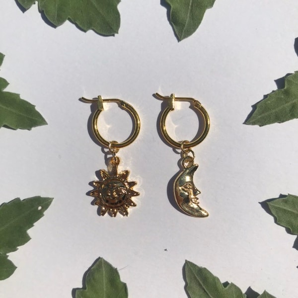 The Moonlight and Sunlight Earrings - 24k gold filled or 14k gold plated hoop earrings gold toned sun star charm 24k gold plated moon charms