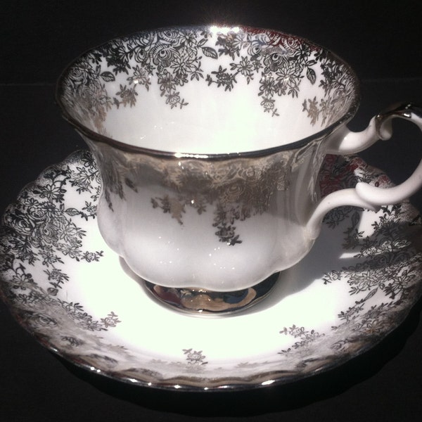 Vintage Royal Albert Silver Tea Cup and Saucer with silver floral chintz
