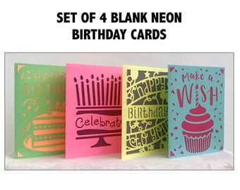 BIRTHDAY CARD for Him / Her: Pack of 4  Bright-Colored Blank Birthday Cards - Birthday Greeting Card - Blank Cards - Homemade Birthday Cards