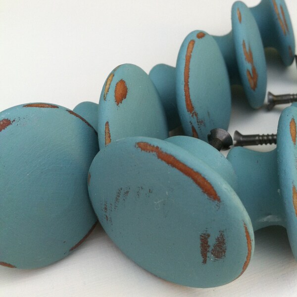 Set of 10 Wood Knobs, Shabby chic, Painted Provence Blue, Distressed wood, 2 inch. (Los angeles)