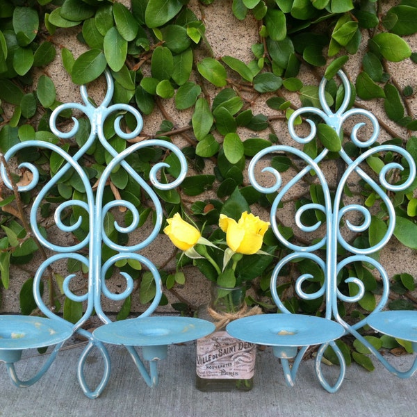 Vintage Candle Holder Sconce, Set of 2, Provence Blue, Distressed, Shabby Chic , Metal Wall Sconce