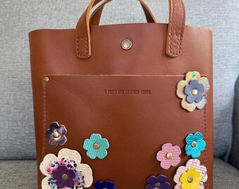 Portland Leather Goods PLG Honey Mini Snap Crossbody Purse Bag With Custom Leather Flower Embellishments Appliqué
