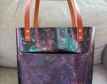 Portland Leather Goods PLG Medium Classic Tote Purse- Purple/Pink/Teal Color Shifting Custom Painted Leather Bag
