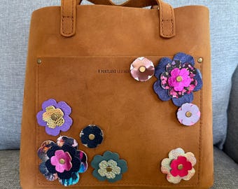 Portland Leather Goods PLG Dakota Medium Crossbody Purse Bag With Custom Leather Flower Embellishments Appliqué