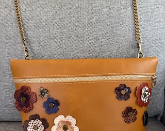 Portland Leather Goods PLG XL Makeup Bag Pouch With Flower Embellishments & Crossbody Purse Chain Modification