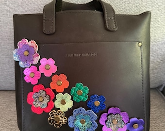 Portland Leather Goods PLG Black Mini Zip Crossbody Purse Bag With Custom Leather Rainbow Flower Embellishments Appliqué