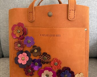 Portland Leather Goods PLG Peach Mini Snap Crossbody Purse Bag With Custom Leather Flower Embellishments Appliqué