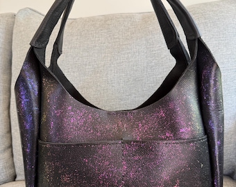 Portland Leather Goods PLG Black Pebbled Medium Madison Purse- Pink/Orange/Gold/Purple Color Shifting Custom Painted Leather Bag