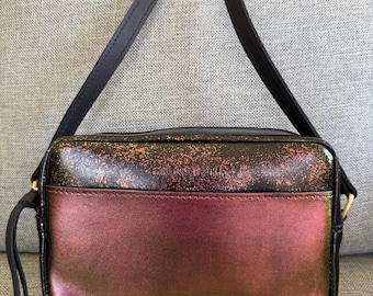 Portland Leather Goods PLG Large Camera Bag Crossbody Purse - Pink/Gold/Green Color Shifting Custom Painted Leather Bag