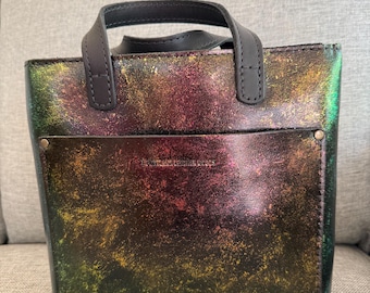 Portland Leather Goods PLG Mini Zip Crossbody Purse- Orange/Green/Pink/Gold Color Shifting Custom Painted Leather Bag