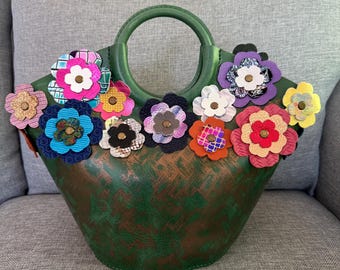 Portland Leather Goods PLG Cowboy Green Large Milan Purse Bag With Custom Leather Flower Embellishments Appliqué - Flower Basket Design