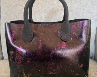 Portland Leather Goods PLG Large Raindrop Rainstorm Crossbody Purse- Pink/Orange/Gold/Green Color Shifting Custom Painted Leather Bag
