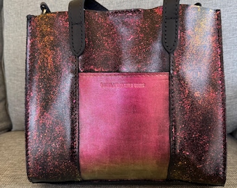 Portland Leather Goods PLG Lola Snap Crossbody Tote Purse- Pink/Orange/Gold Color Shifting Custom Painted Leather Bag