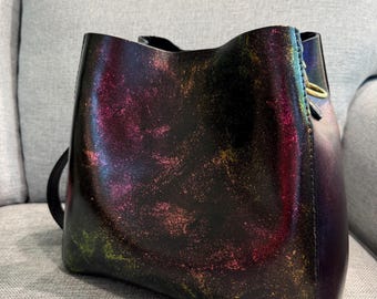 Portland Leather Goods PLG Butterfly Bucket Crossbody Purse- Color Shifting Custom Painted Leather Bag