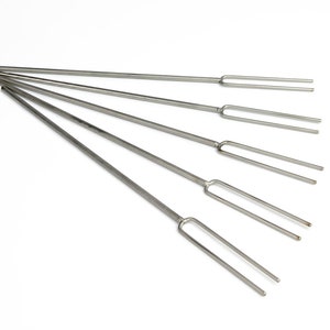 Op de afbeelding: Vijf roestvrijstalen braadvorken op een witte achtergrond. Elke vork heeft een lange steel en twee tanden. De vorken zijn ontworpen om te grillen of te braden. Ideaal voor buiten koken.