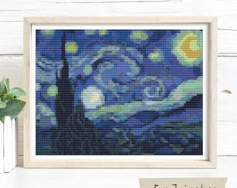 The Starry Night Mini Cross Stitch Pattern, Vincent van Gogh, Landscape Embroidery