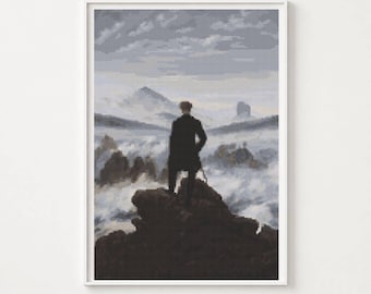 Cross Stitch Pattern: Wanderer above the Sea of Fog by Caspar David Friedrich, Landscape Embroidery