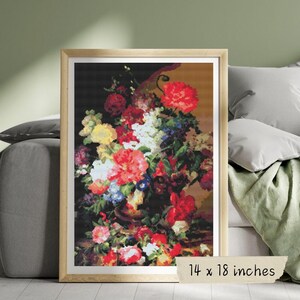Bloemen kruissteekpatroon pdf, Joseph Nigg bloemenkaart, digitaal stilleven, borduurontwerp direct downloaden
