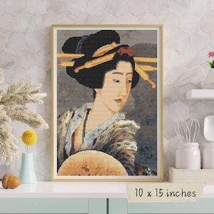 Portrait of a Woman Holding a Fan Cross Stitch Pattern Katsushika Hokusai Japanese Geisha Ukiyo-e Embroidery