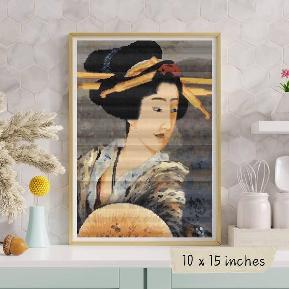 扇子を持つ女性の肖像画クロスステッチ図案、葛飾北斎、日本の芸者