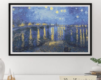 Starry Night over the Rhone Cross Stitch Kit, Vincent van Gogh, Landscape Embroidery