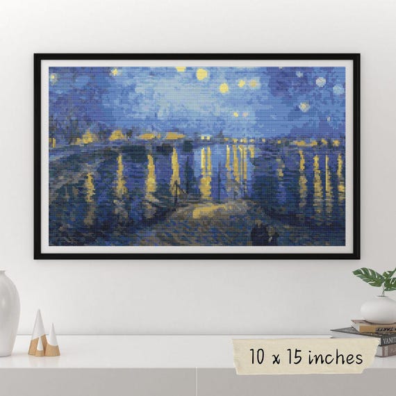 【完成品】〈ローヌ川の星月夜〉クロスステッチ ローヌ川の星月夜クロスステッチキット、ヴィンセント・ヴァン・ゴッホ