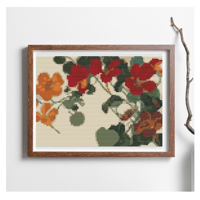 PATTERN PDF Nasturtium Cross Stitch Pattern, Floral Embroidery Chart PDF, Tanigami Konan image 1