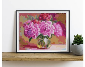 PATTERN PDF Pink Peonies in a Vase Cross Stitch Pattern, Floral Embroidery Chart PDF