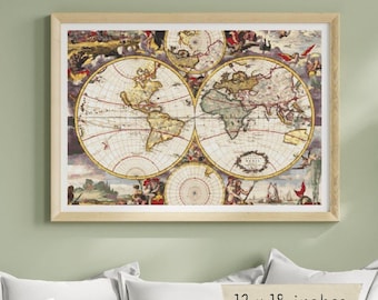 Nova Orbis Tabula Cross Stitch Kit, Frederick de Witt, Vintage Olde World Map Embroidery