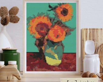 Patrón de punto de cruz pequeño de un jarrón con tres girasoles, Vincent Van Gogh, bordado floral.