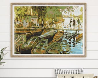 Bathing at La Grenouillere Counted Cross Stitch Kit, Claude Monet, Impressionist Art Embroidery