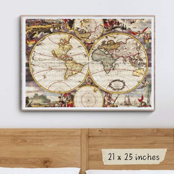Nova Orbis Tabula Cross Stitch Kit Frederick de Witt Vintage Olde World Map Embroidery
