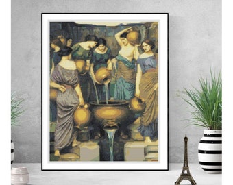 PATTERN PDF The Danaides Cross Stitch Pattern, Medieval Embroidery Chart PDF, John William Waterhouse