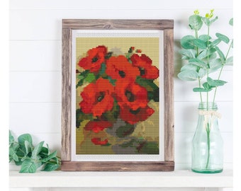 Poppies in a Vase Cross Stitch Pattern, Floral Embroidery Chart PDF, William Jabez Muckley